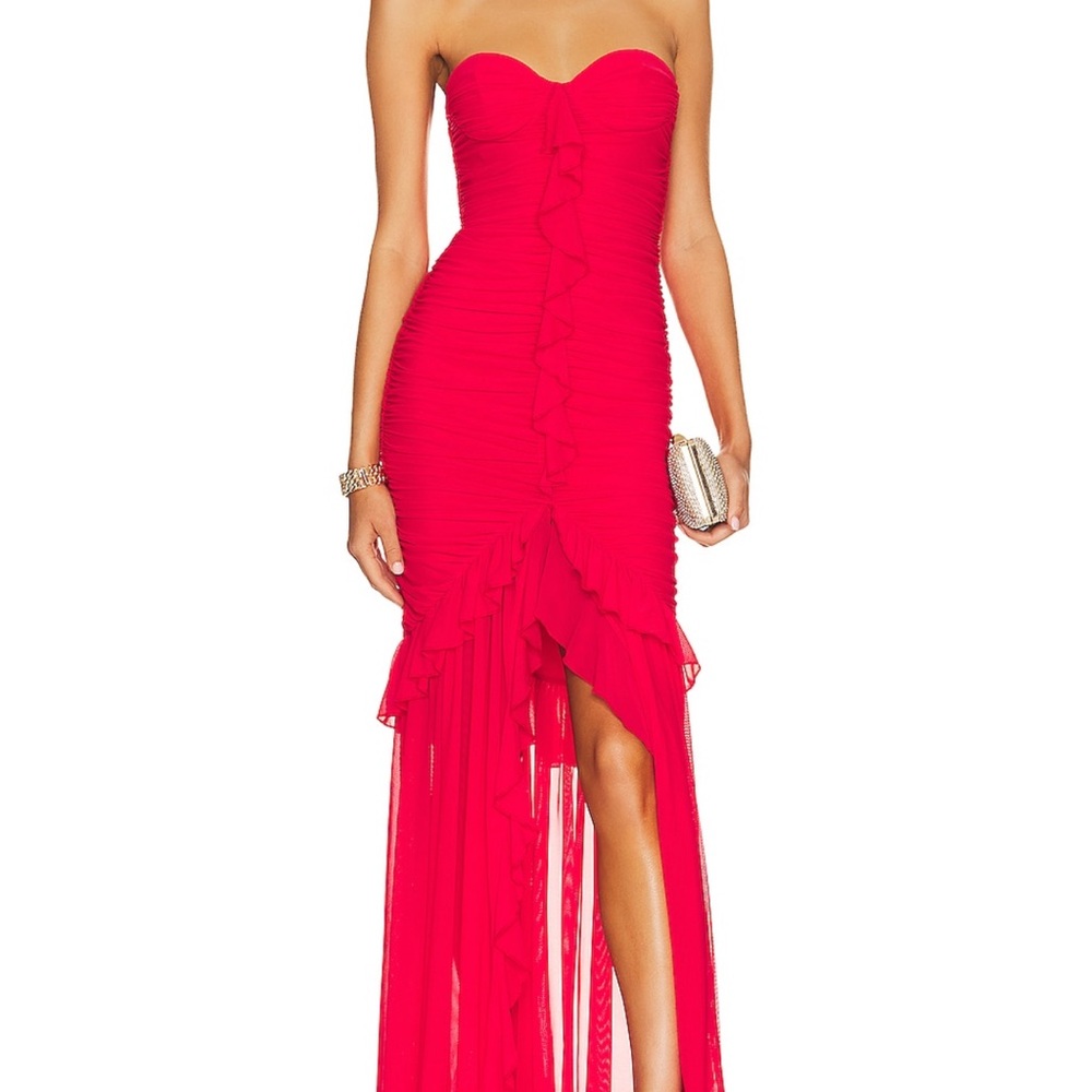 MAJORELLE Strapless Ruffle High-Low Gown in Bright Pink